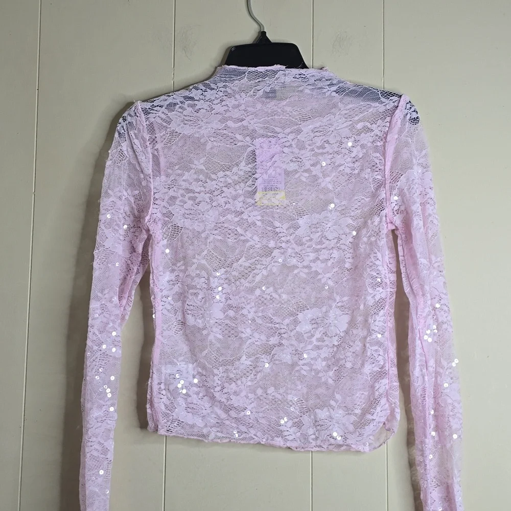 Women's Long Sleeve Pink Lace Squin   Top Small Wild Fable